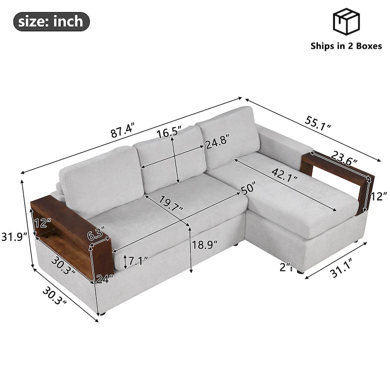 87" L-Shaped Sectional Sofa | Reversible Chaise, Integrated Armrests, Living Room Couch
