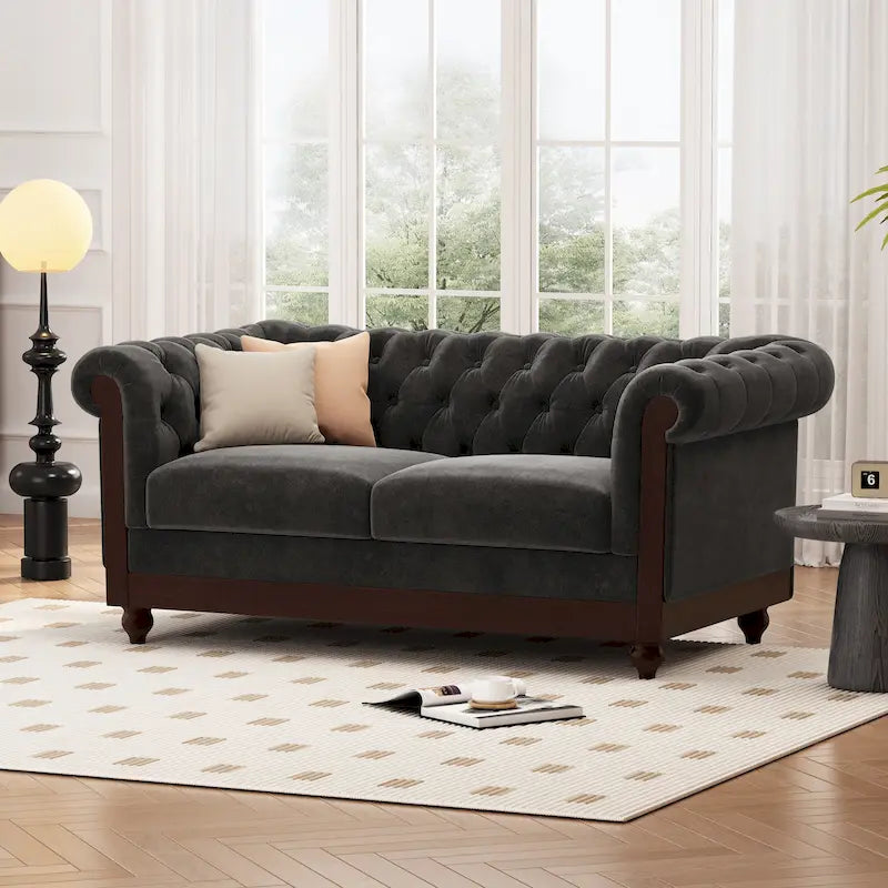 Velvet Loveseat Sofa | Button Tufted, Rolled Arms, 2-Seat Living Room Couch