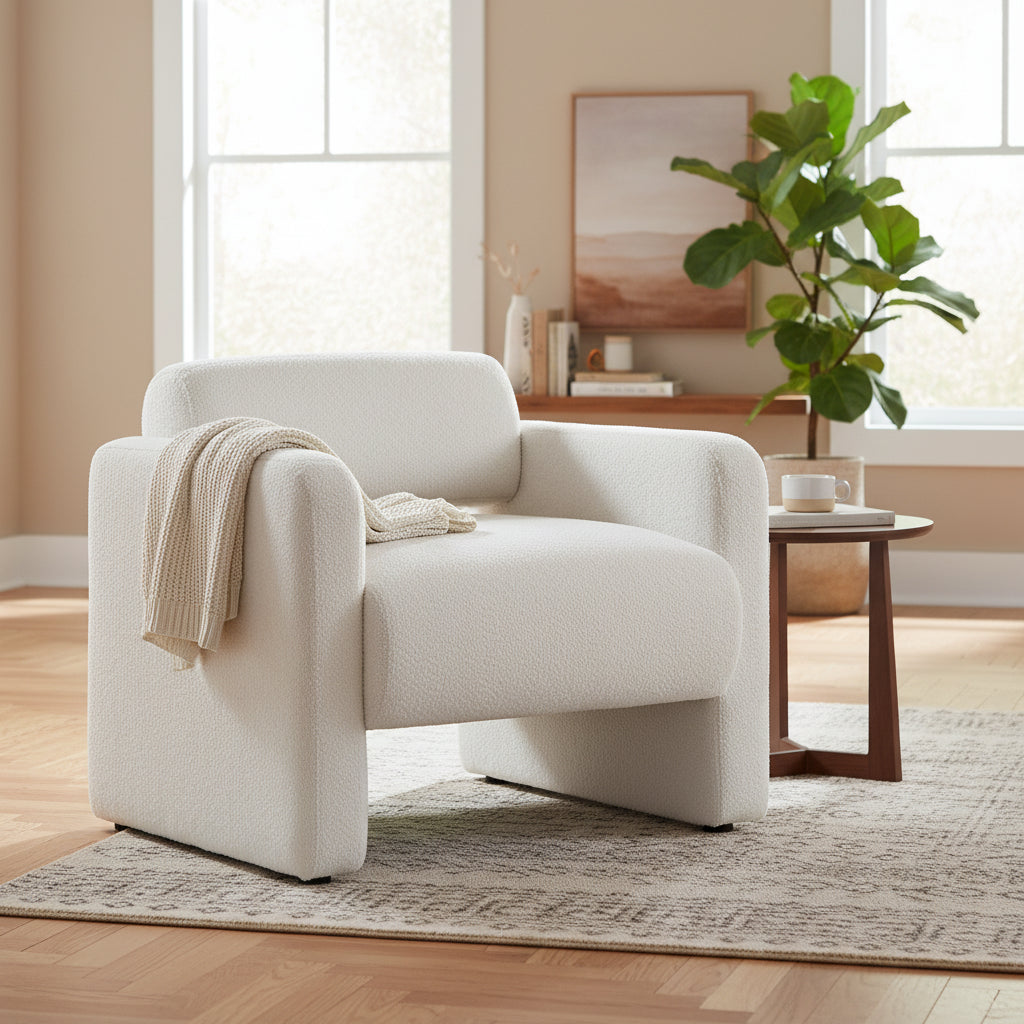 Modern Boucle Fabric Accent Chair with Arms | Upholstered Single Sofa, Living Room Chair