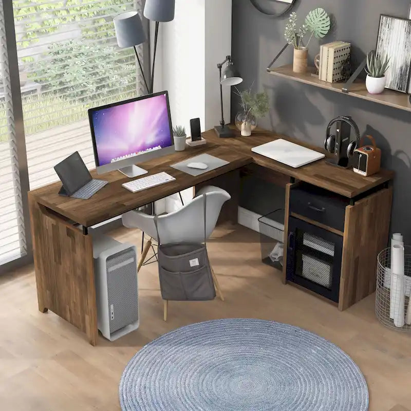63" Multi-Storage L-Shape Desk | Urban Style, Multiple Shelves, Home Office Computer Desk