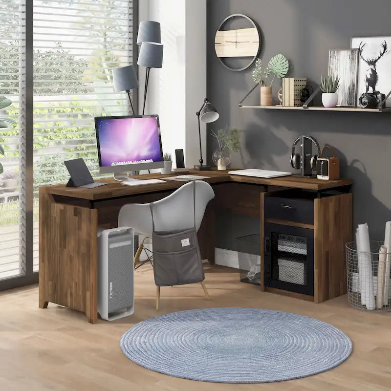 63" Multi-Storage L-Shape Desk | Urban Style, Multiple Shelves, Home Office Computer Desk