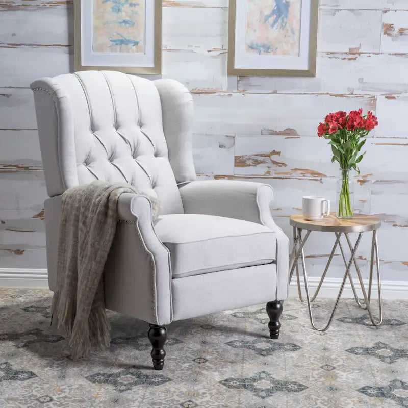 Tufted Fabric Wingback Recliner Club Chair | Button Tufting, Wood Legs, Living Room Accent Chair