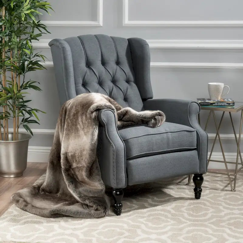 Tufted Fabric Wingback Recliner Club Chair | Button Tufting, Wood Legs, Living Room Accent Chair