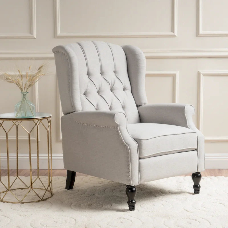 Tufted Fabric Wingback Recliner Club Chair | Button Tufting, Wood Legs, Living Room Accent Chair