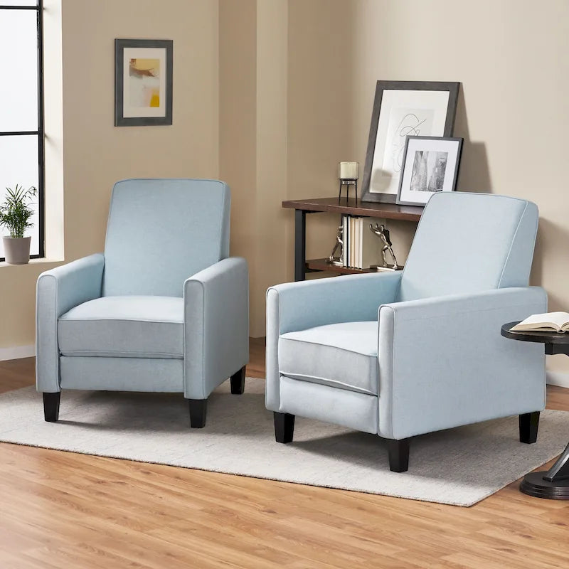 Set of 2 Compact Recliner Chairs | Polyester Upholstery, Tapered Wood Legs, Low Profile, Small Space
