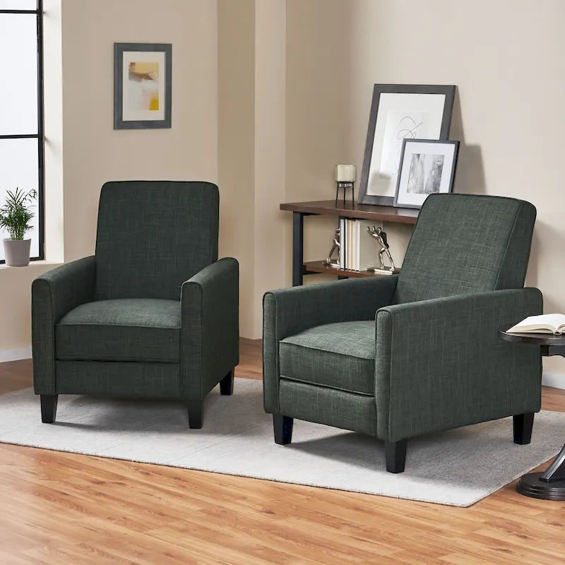 Set of 2 Compact Recliner Chairs | Polyester Upholstery, Tapered Wood Legs, Low Profile, Small Space