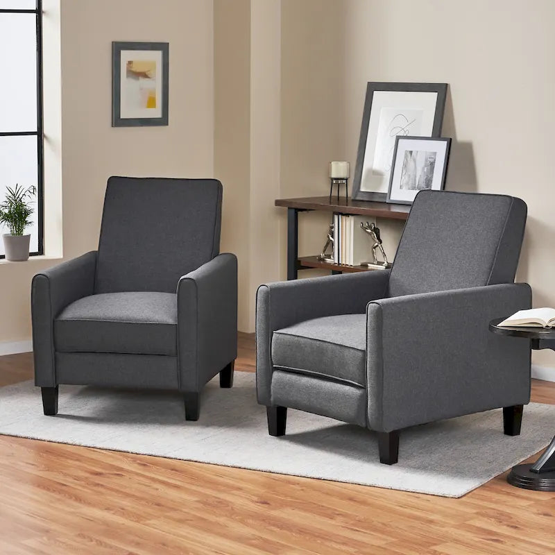 Set of 2 Compact Recliner Chairs | Polyester Upholstery, Tapered Wood Legs, Low Profile, Small Space