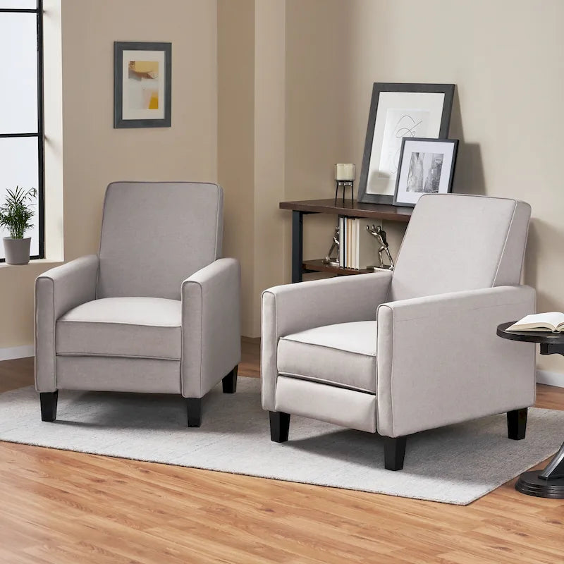 Set of 2 Compact Recliner Chairs | Polyester Upholstery, Tapered Wood Legs, Low Profile, Small Space