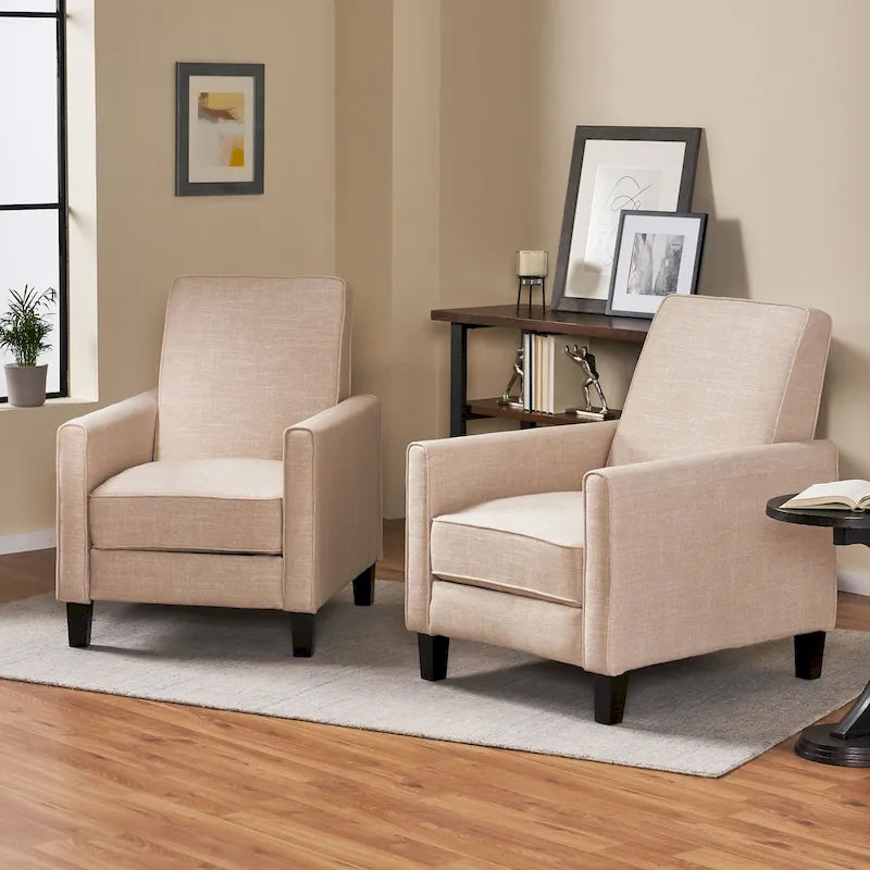 Set of 2 Compact Recliner Chairs | Polyester Upholstery, Tapered Wood Legs, Low Profile, Small Space