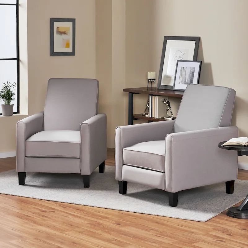 Set of 2 Compact Recliner Chairs | Polyester Upholstery, Tapered Wood Legs, Low Profile, Small Space