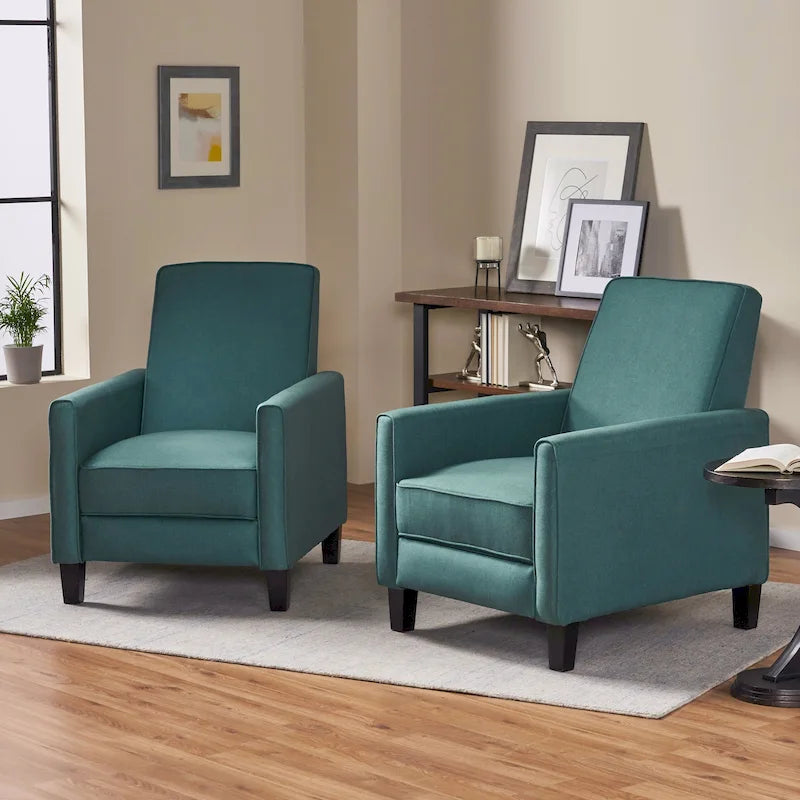 Set of 2 Compact Recliner Chairs | Polyester Upholstery, Tapered Wood Legs, Low Profile, Small Space