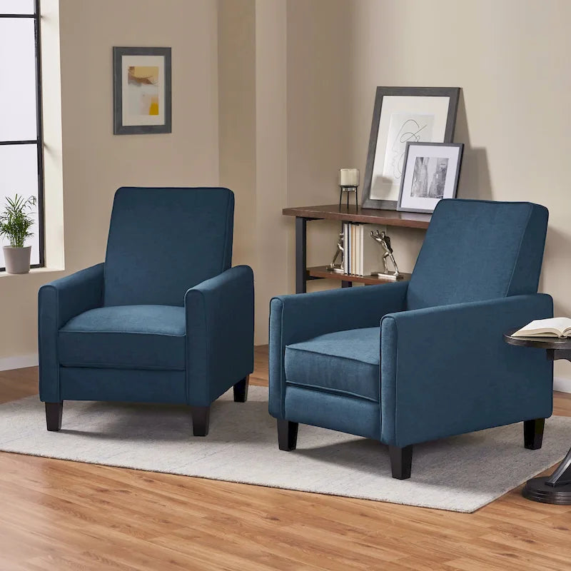 Set of 2 Compact Recliner Chairs | Polyester Upholstery, Tapered Wood Legs, Low Profile, Small Space