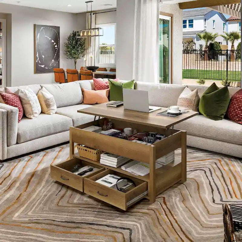 Wood Lift Top Coffee Table with Storage Shelf and Drawers