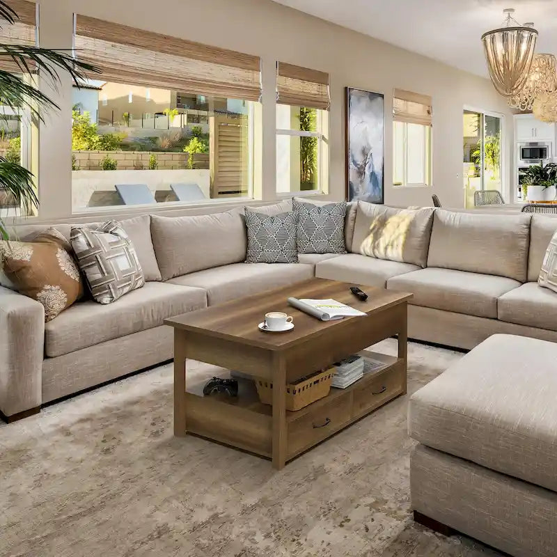 Wood Lift Top Coffee Table with Storage Shelf and Drawers