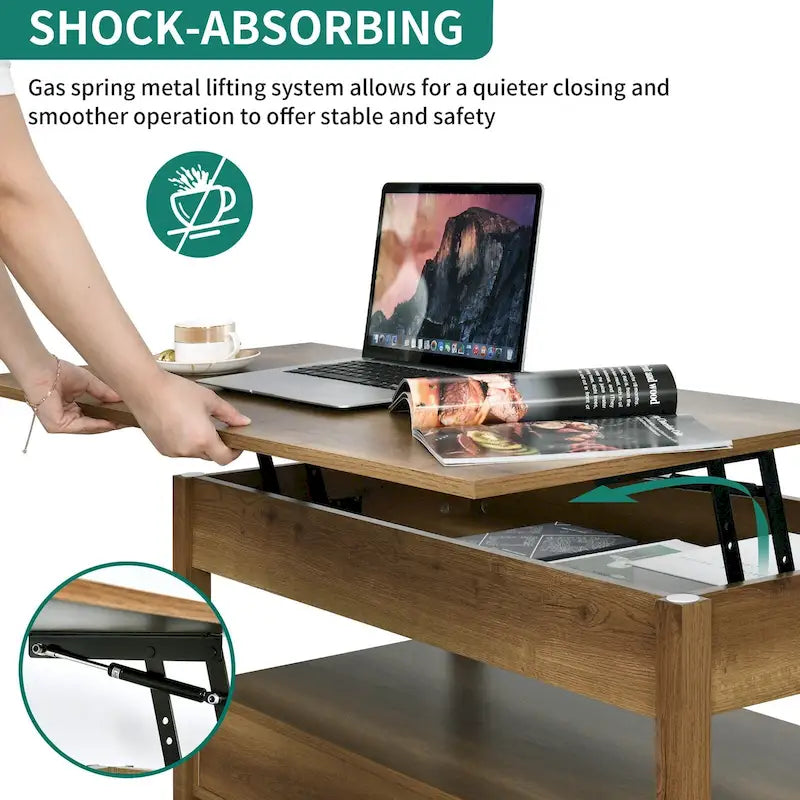Wood Lift Top Coffee Table with Storage Shelf and Drawers