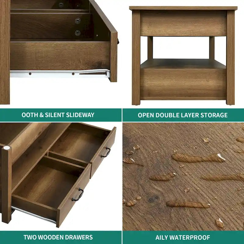 Wood Lift Top Coffee Table with Storage Shelf and Drawers