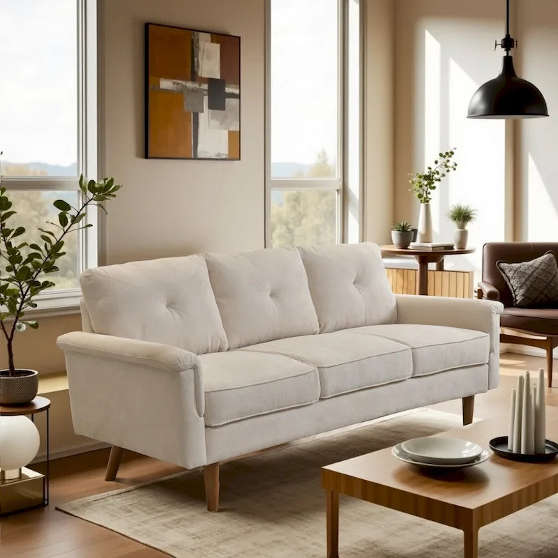 Mid-Century Modern 3-Seat Sofa | Breathable Polyester Suede | High Rebound Cushions | Wood Legs