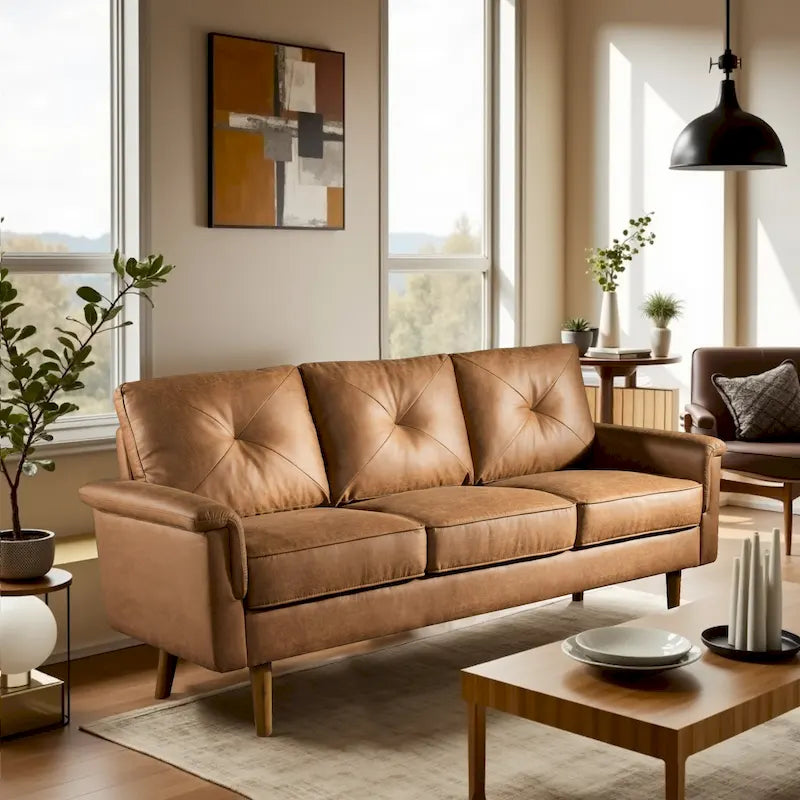 Mid-Century Modern 3-Seat Sofa | Breathable Polyester Suede | High Rebound Cushions | Wood Legs