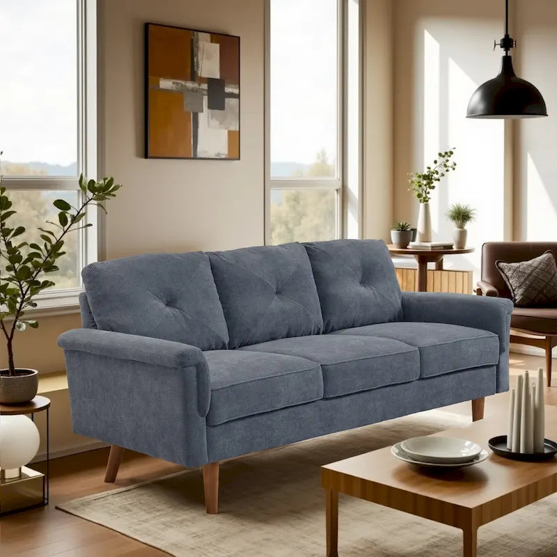 Mid-Century Modern 3-Seat Sofa | Breathable Polyester Suede | High Rebound Cushions | Wood Legs