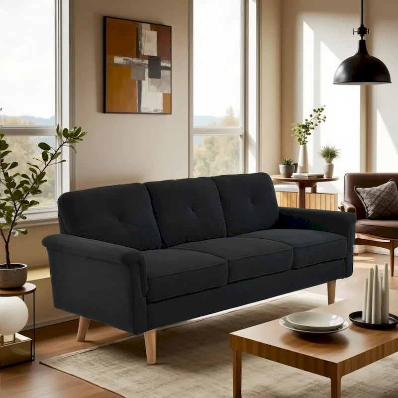 Mid-Century Modern 3-Seat Sofa | Breathable Polyester Suede | High Rebound Cushions | Wood Legs