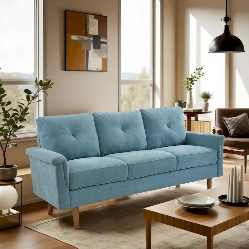 Mid-Century Modern 3-Seat Sofa | Breathable Polyester Suede | High Rebound Cushions | Wood Legs