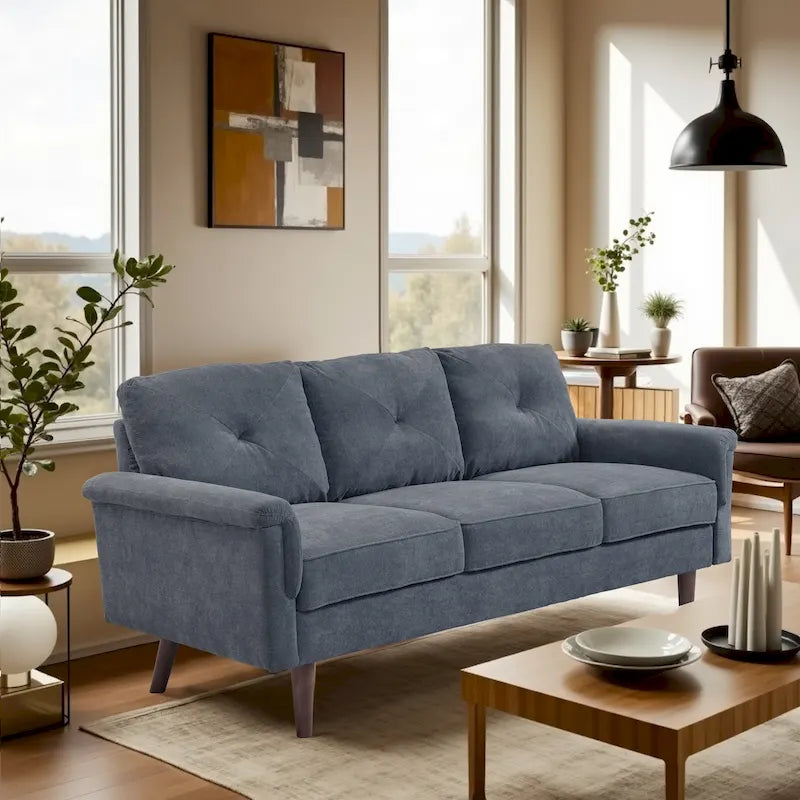 Mid-Century Modern 3-Seat Sofa | Breathable Polyester Suede | High Rebound Cushions | Wood Legs
