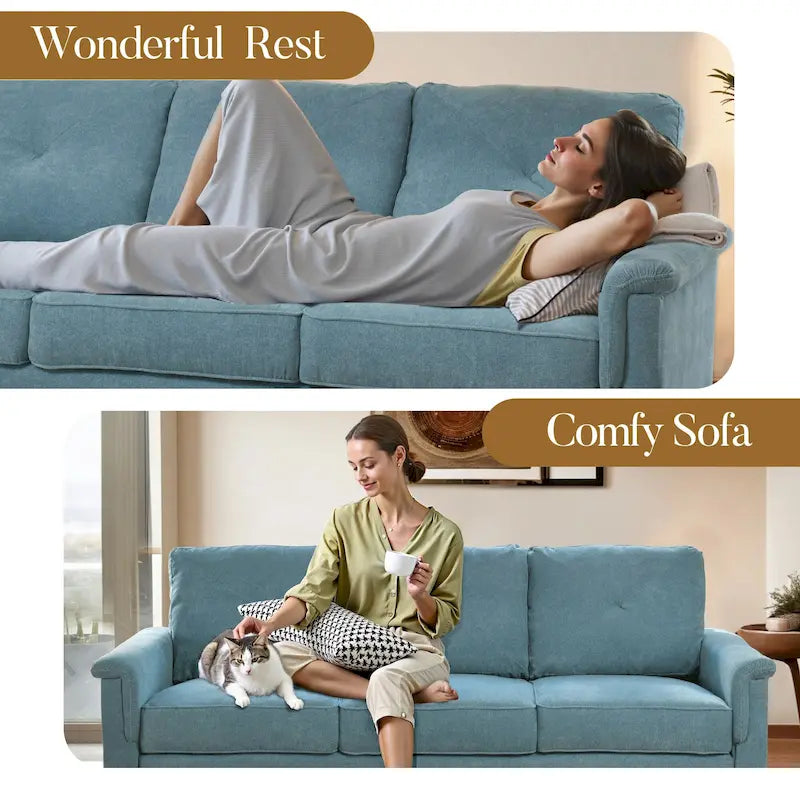 Mid-Century Modern 3-Seat Sofa | Breathable Polyester Suede | High Rebound Cushions | Wood Legs