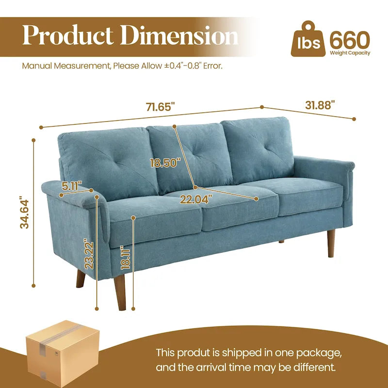Mid-Century Modern 3-Seat Sofa | Breathable Polyester Suede | High Rebound Cushions | Wood Legs