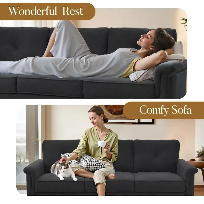 Mid-Century Modern 3-Seat Sofa | Breathable Polyester Suede | High Rebound Cushions | Wood Legs