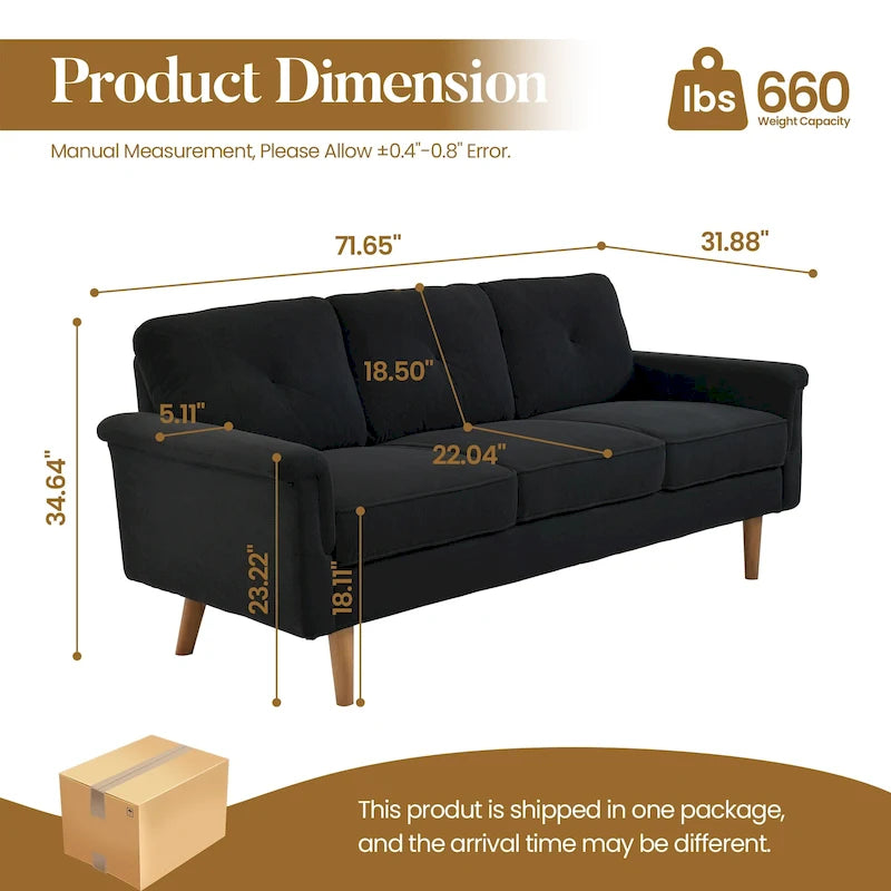 Mid-Century Modern 3-Seat Sofa | Breathable Polyester Suede | High Rebound Cushions | Wood Legs