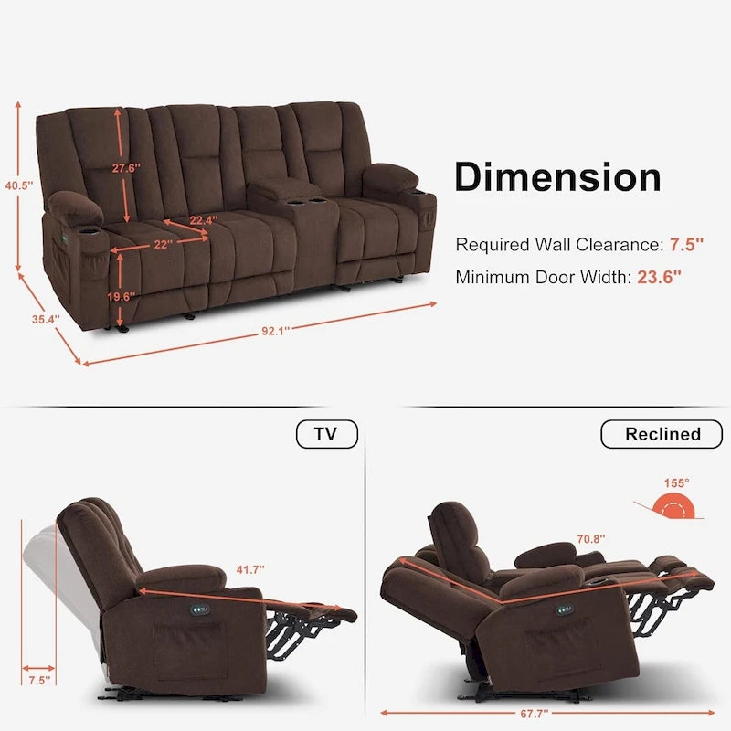 Electric Power Reclining Sofa | Massage, Lumbar Heat, Fabric Upholstery, Living Room Recliner