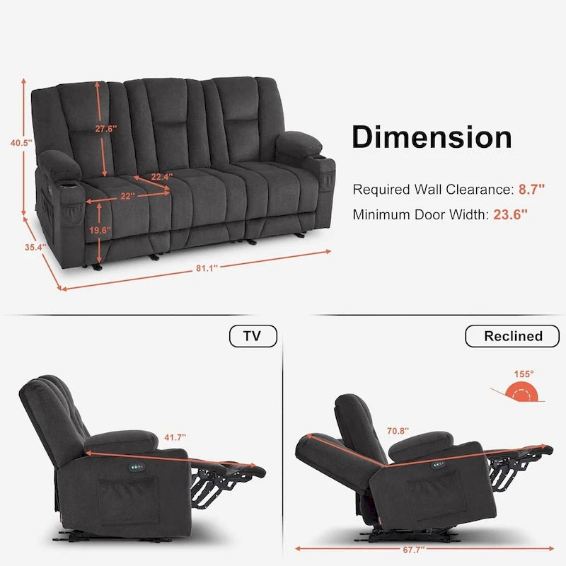 Electric Power Reclining Sofa | Massage, Lumbar Heat, Fabric Upholstery, Living Room Recliner