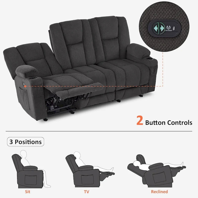 Electric Power Reclining Sofa | Massage, Lumbar Heat, Fabric Upholstery, Living Room Recliner