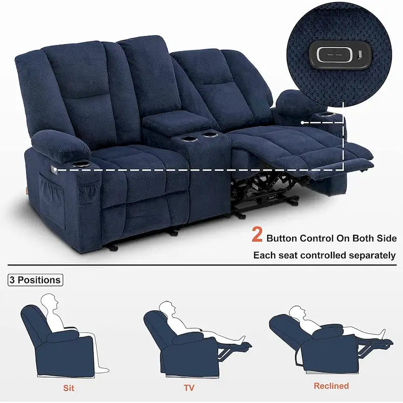 Electric Power Reclining Sofa | Massage, Lumbar Heat, Fabric Upholstery, Living Room Recliner