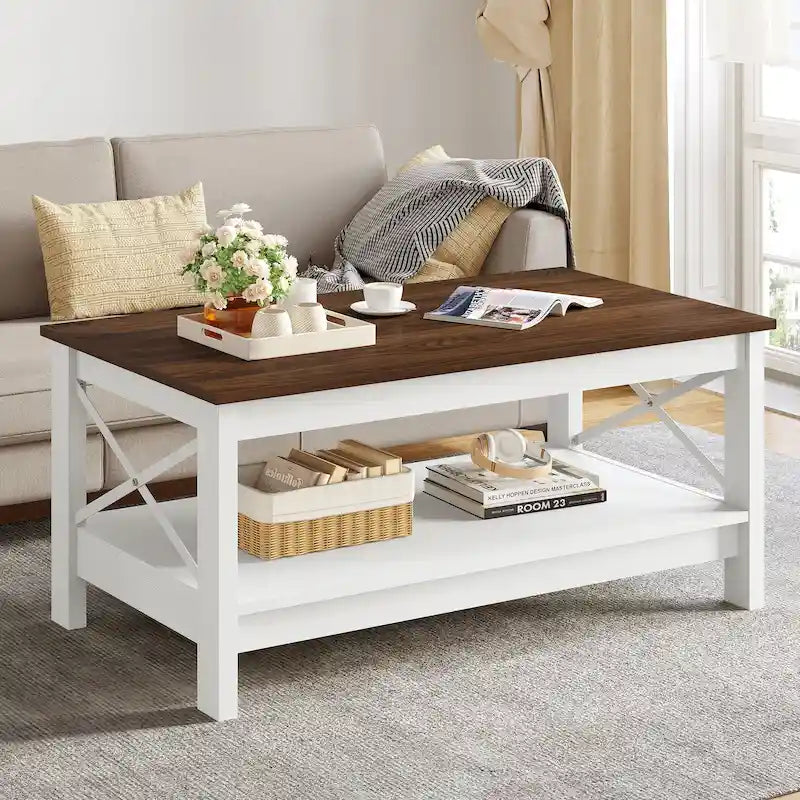 Farmhouse Coffee Table with Storage 2-Tier Center Table for Living Room