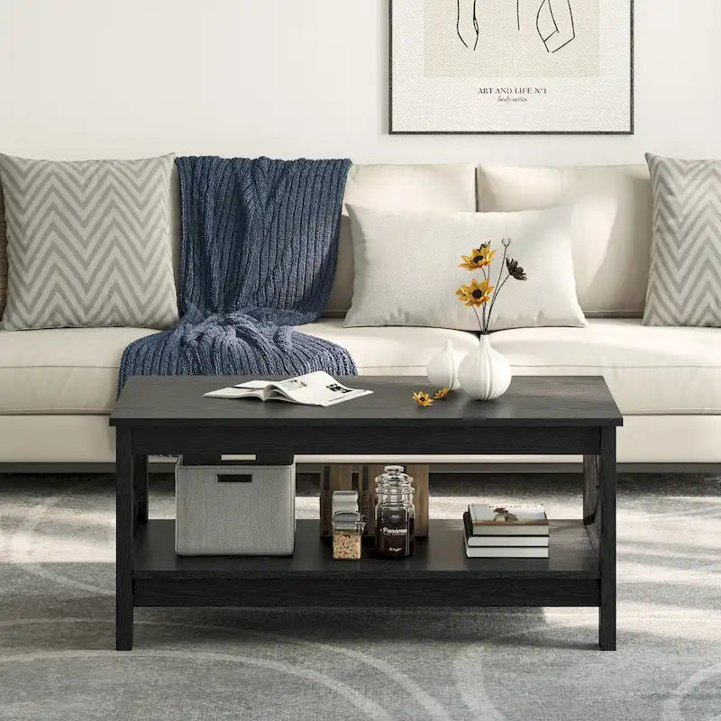 Farmhouse Coffee Table with Storage 2-Tier Center Table for Living Room