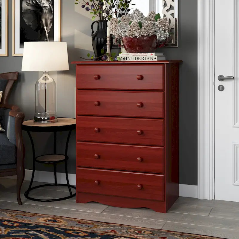 100% Solid Wood 5-Drawer Chest with Metal or Wooden Knobs