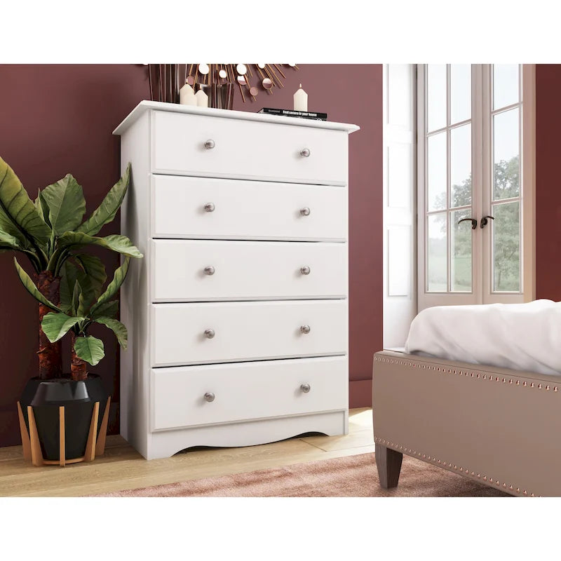 100% Solid Wood 5-Drawer Chest with Metal or Wooden Knobs
