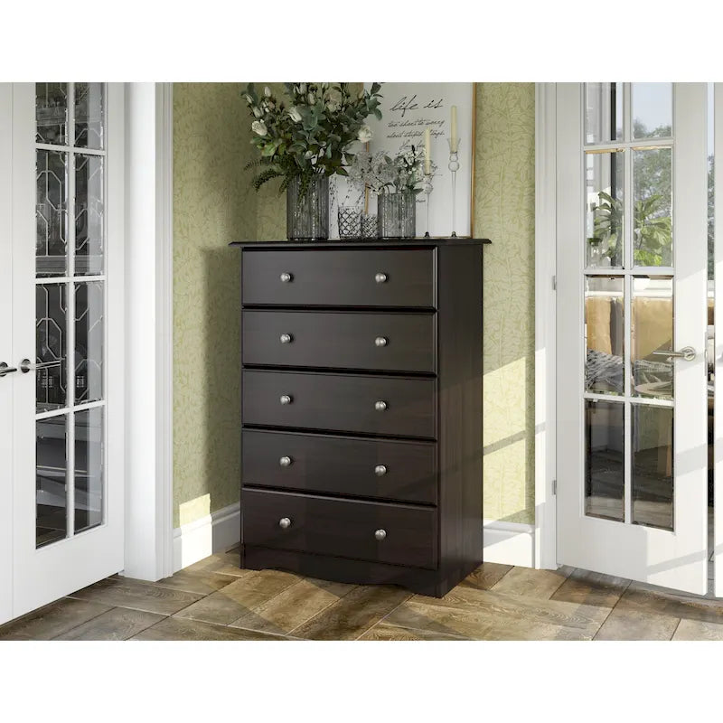 100% Solid Wood 5-Drawer Chest with Metal or Wooden Knobs