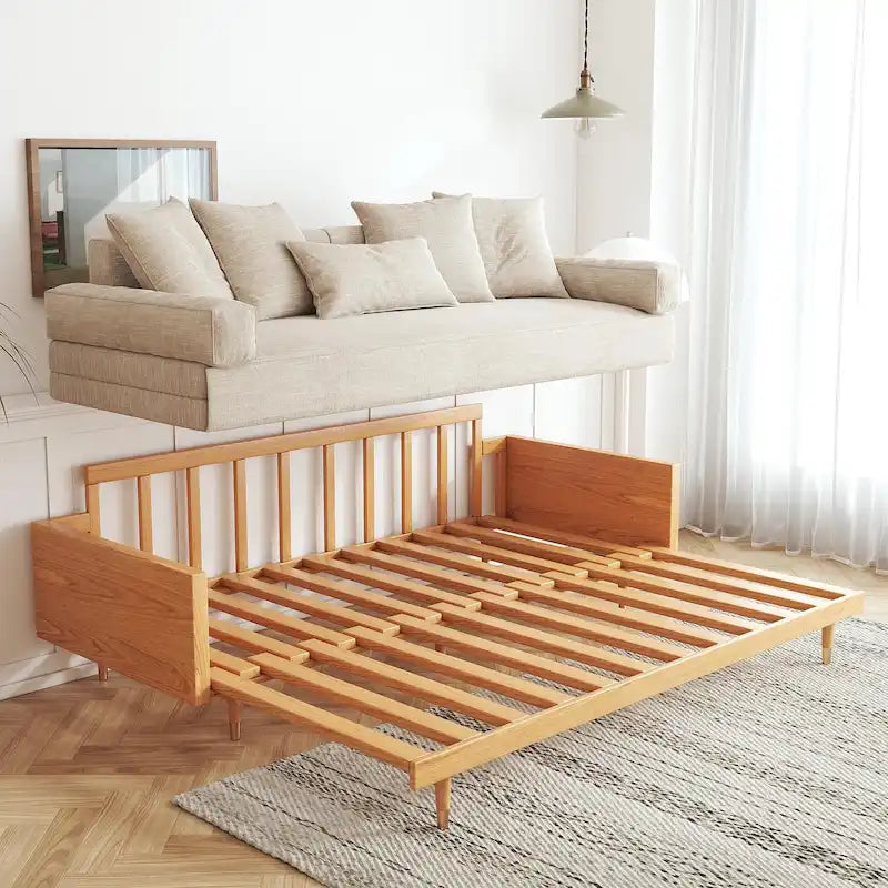 Modern Retractable Solid Wood Sleeper Sofa Bed | Pull-Out Design, Compact, Living Room & Guest Room