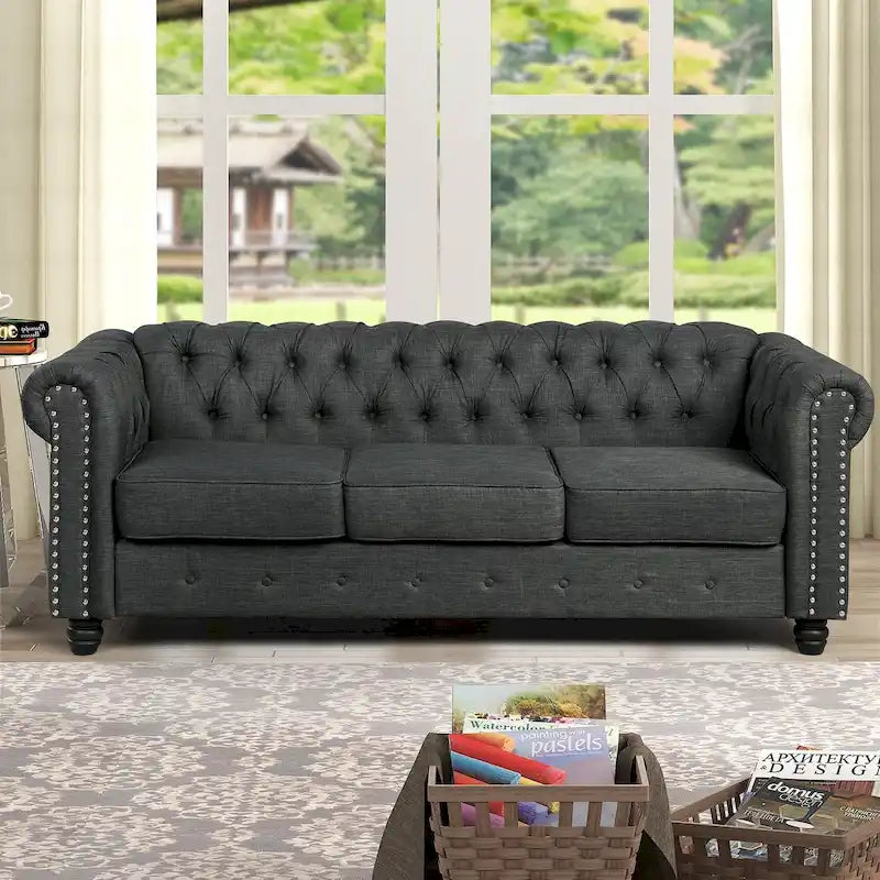 Linen Chesterfield Sofa | Button Tufted, Nailhead Trim, Solid Wood Legs, Living Room