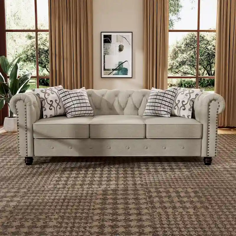 Morden Fort Linen Chesterfield Sofa with Button Tufted, Nailhead and Solid Wood Legs for Living Room