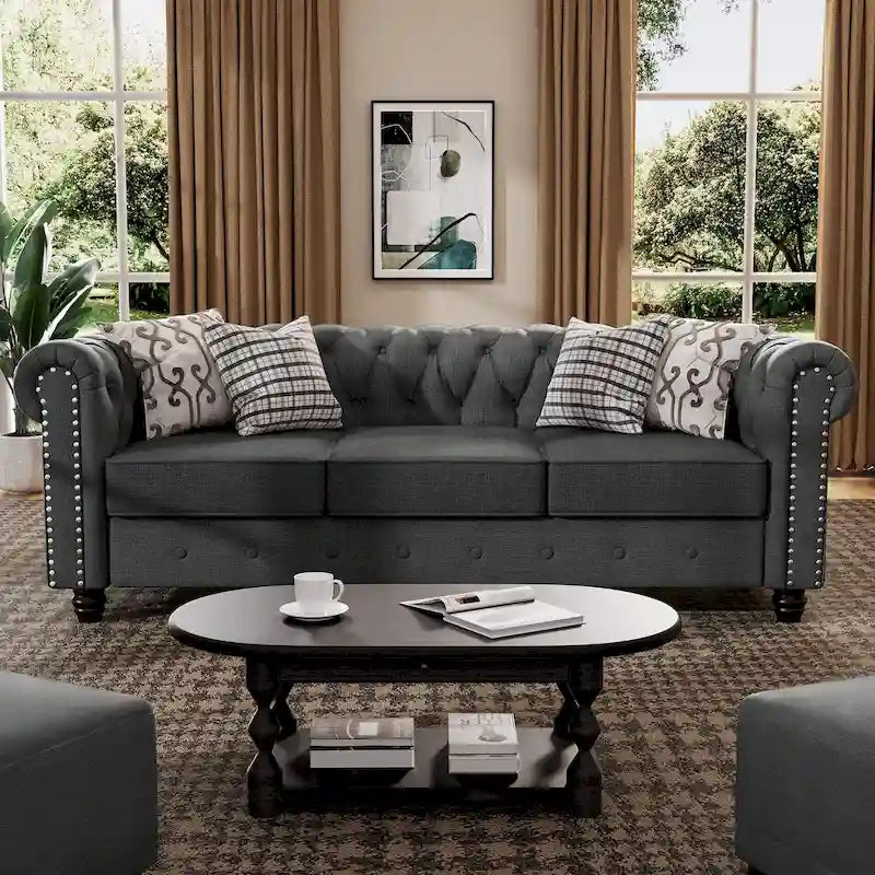 Linen Chesterfield Sofa | Button Tufted, Nailhead Trim, Solid Wood Legs, Living Room