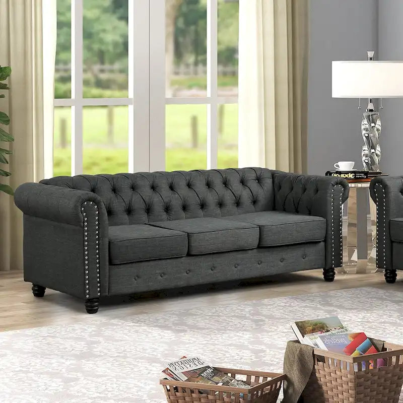 Linen Chesterfield Sofa | Button Tufted, Nailhead Trim, Solid Wood Legs, Living Room
