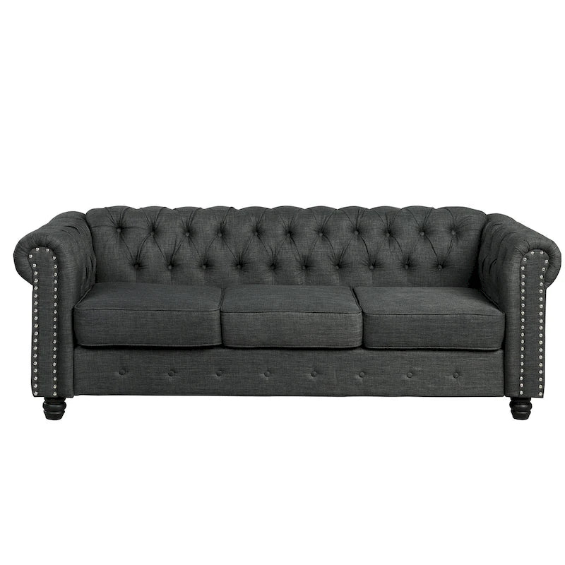 Linen Chesterfield Sofa | Button Tufted, Nailhead Trim, Solid Wood Legs, Living Room