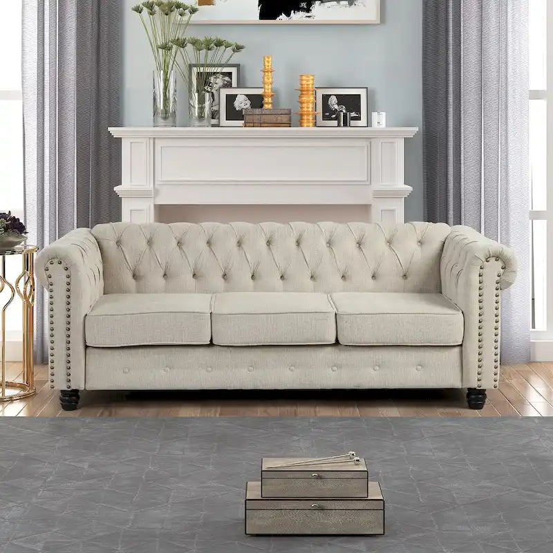 Linen Chesterfield Sofa | Button Tufted, Nailhead Trim, Solid Wood Legs, Living Room