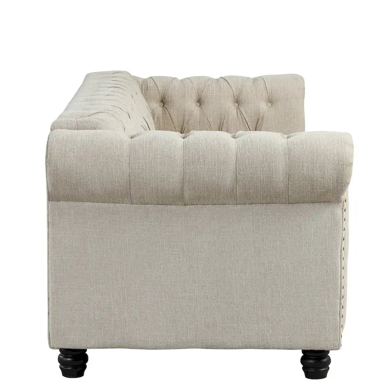 Linen Chesterfield Sofa | Button Tufted, Nailhead Trim, Solid Wood Legs, Living Room