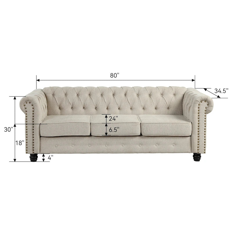 Linen Chesterfield Sofa | Button Tufted, Nailhead Trim, Solid Wood Legs, Living Room
