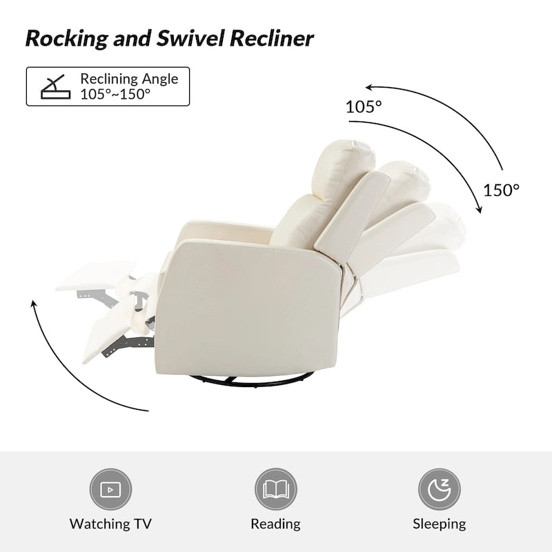 Modern Faux Leather Wingback Swivel Recliner | Push-Back 150° Recline | Living Room Chair