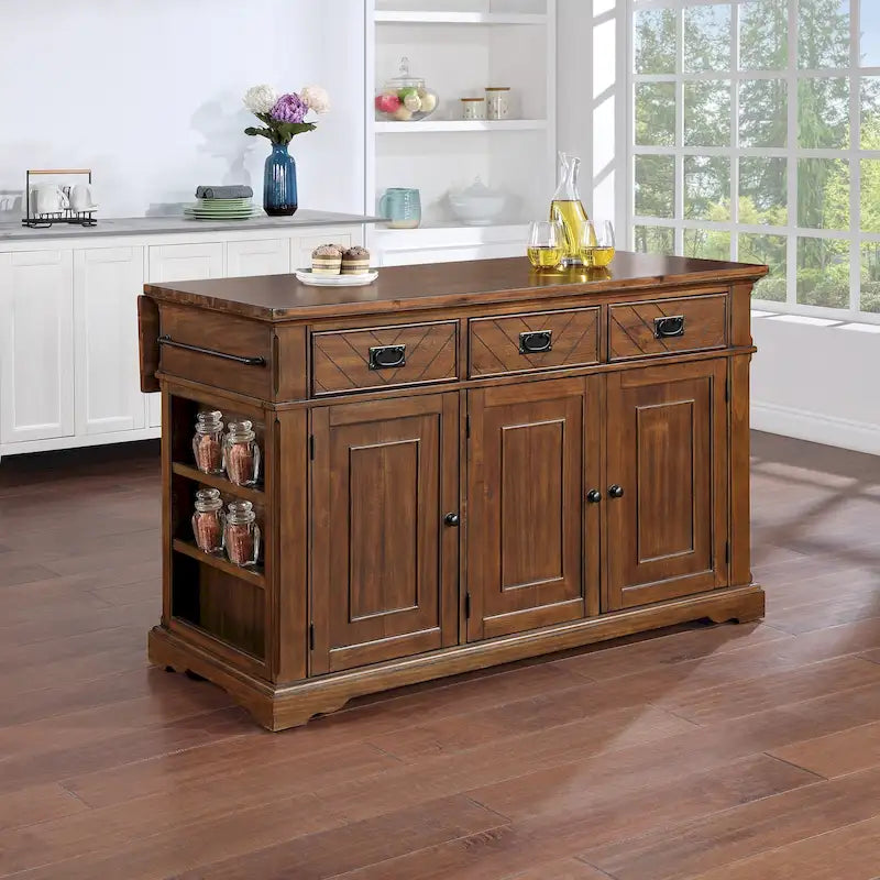 Farmhouse Kitchen Island with 3 Drawers, 3 Doors, Spice Rack & Sheet Pan Storage | Wood